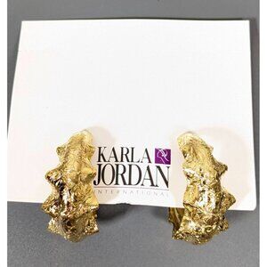 Vintage Karla Jordan Gold Tone Repousse Style Textured Bold Hoop Pierced Earring